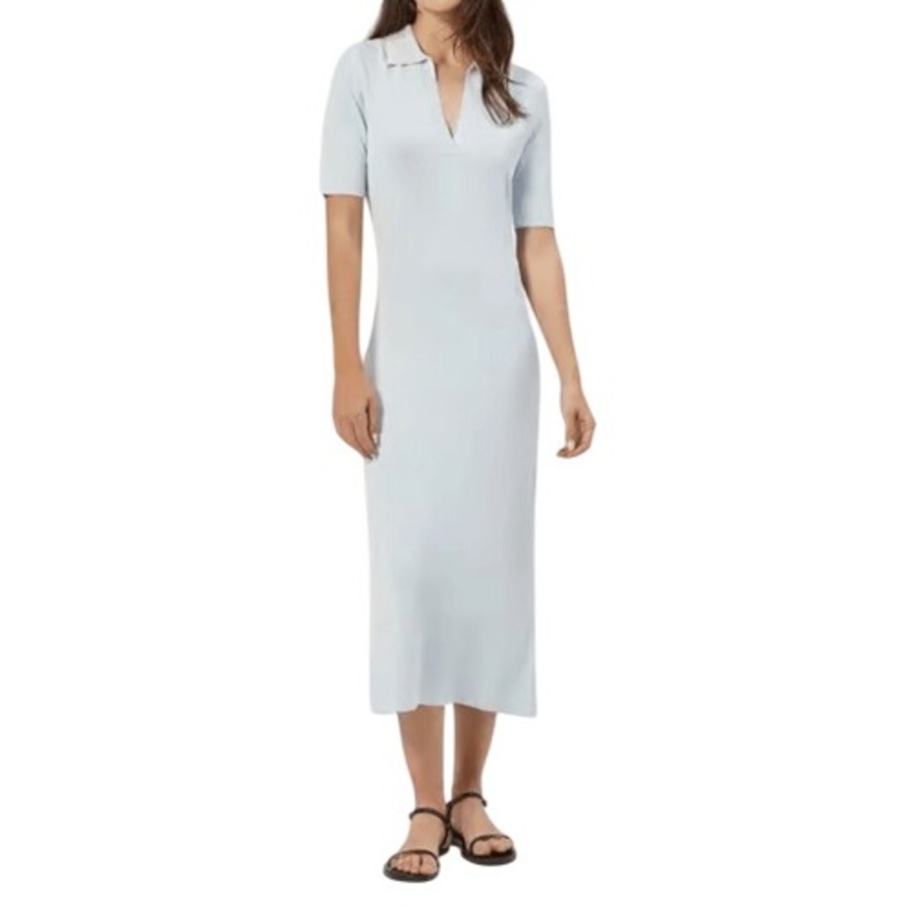 Equipment Femme Baize Baby Blue Knit Midi Dress V-Neck Collared Size M